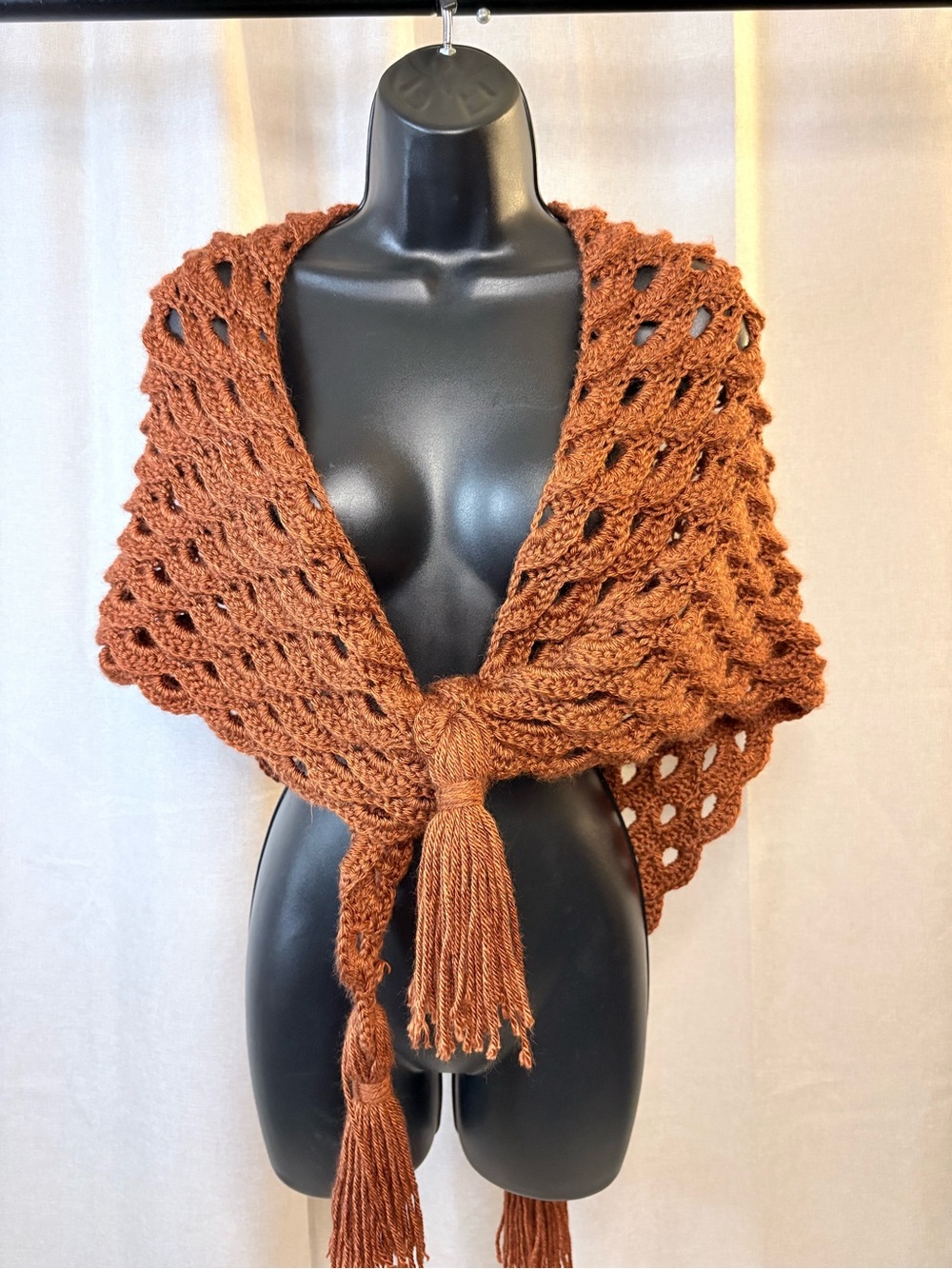 Rust Brown Crochet HandKnit Shawl Sweater Wrap with Tassels